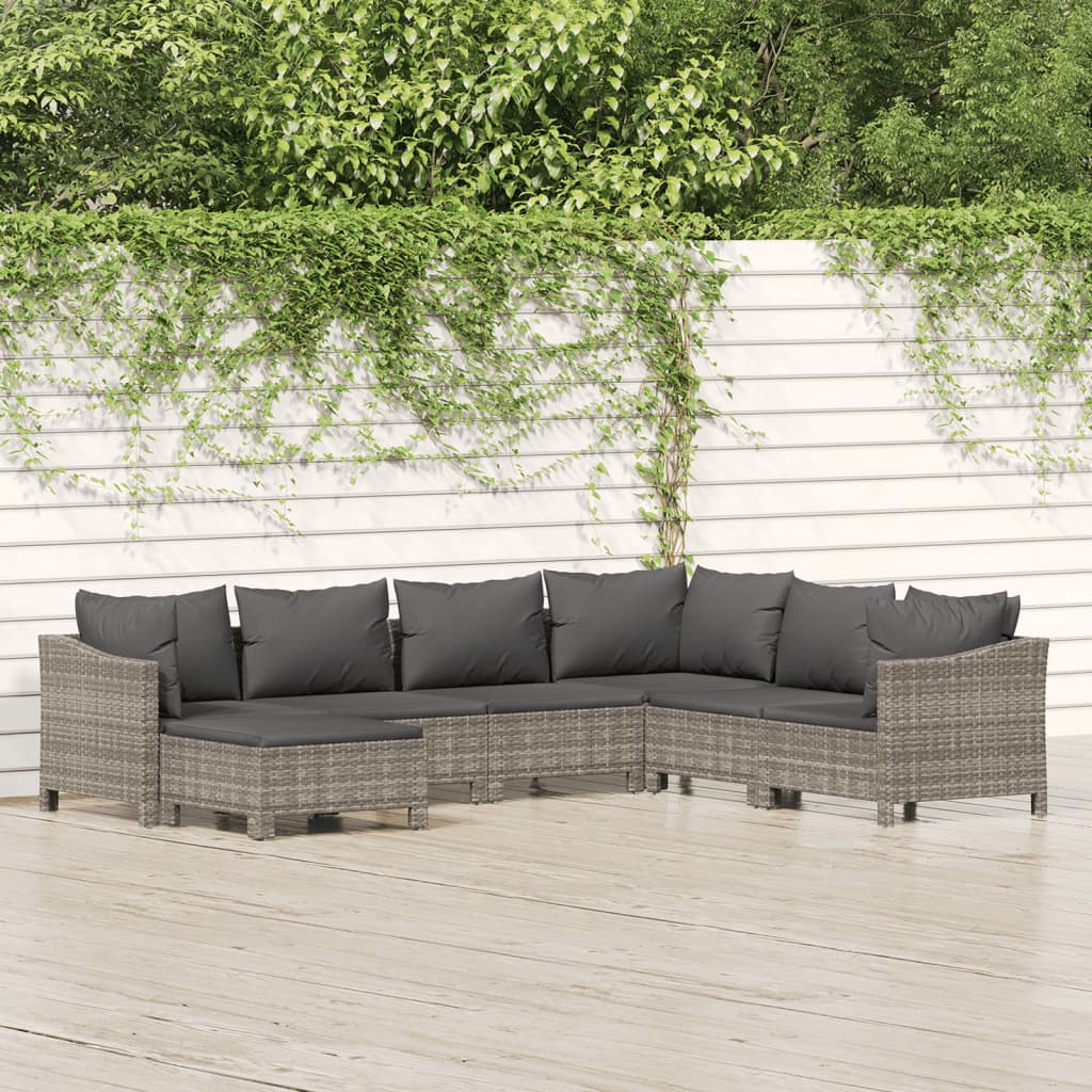 7-delige Loungeset met kussens poly rattan grijs