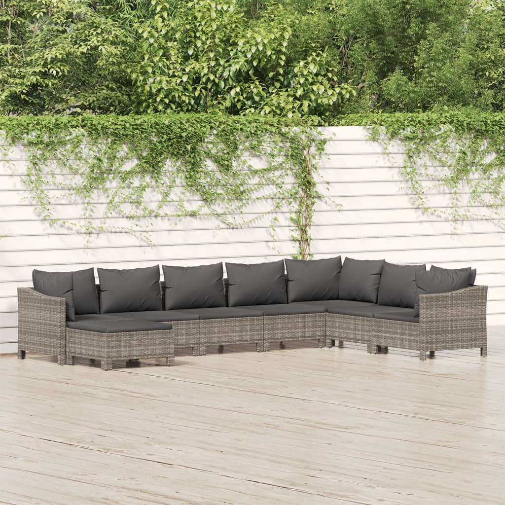 7-delige Loungeset met kussens poly rattan grijs