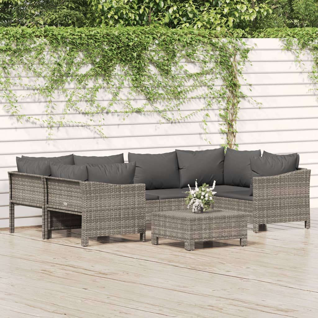 7-delige Loungeset met kussens poly rattan grijs