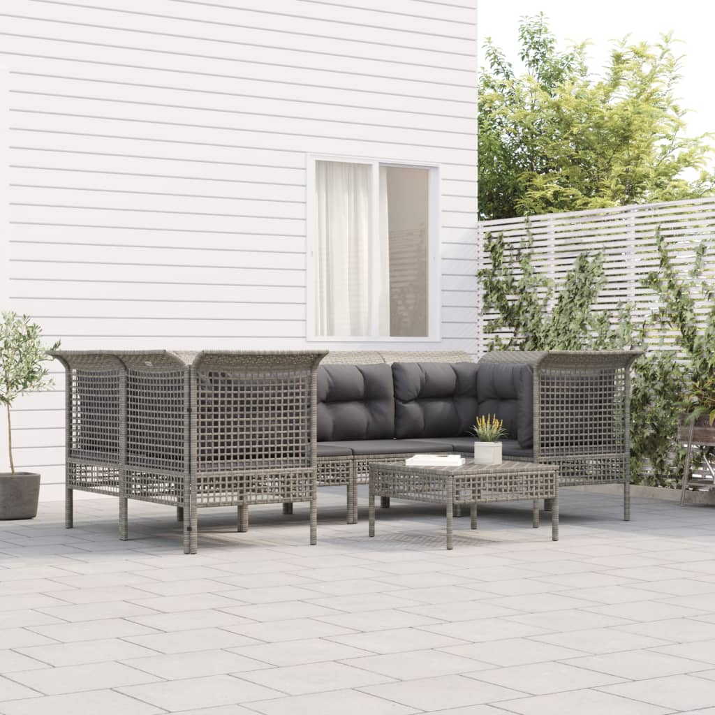 7-delige Loungeset met kussens poly rattan grijs