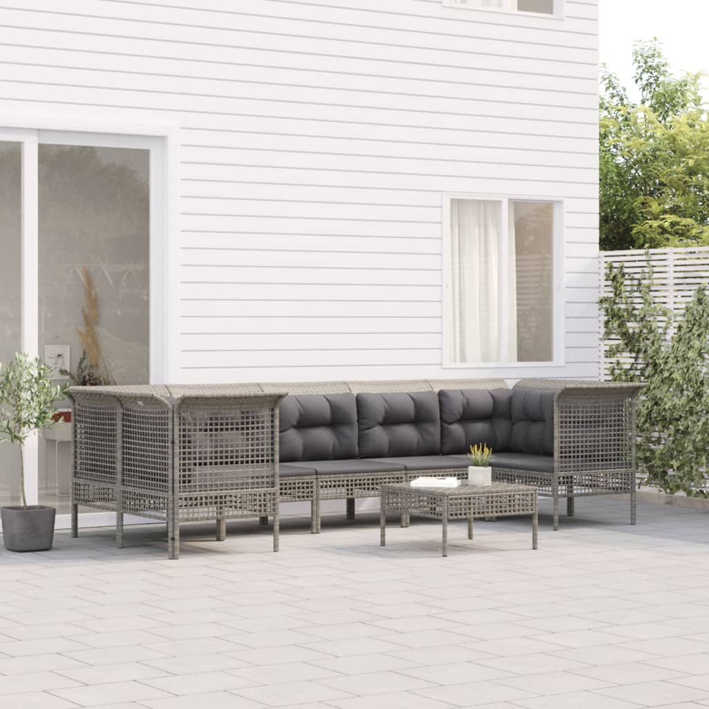 7-delige Loungeset met kussens poly rattan grijs