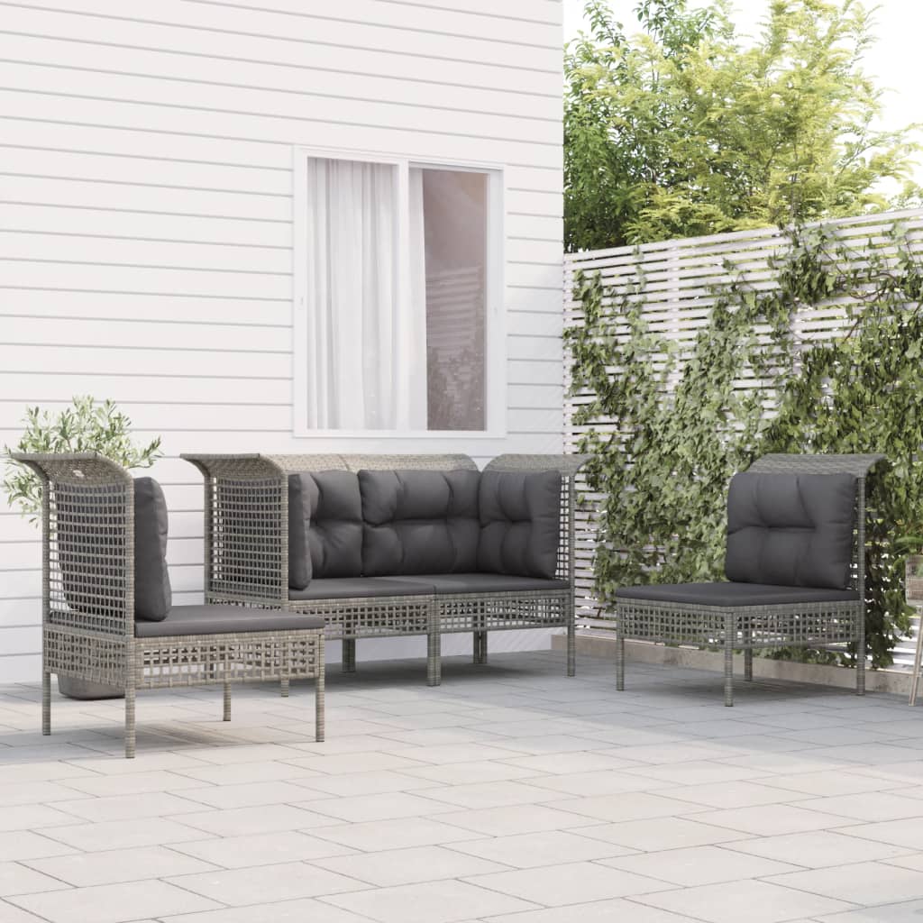 5-delige Loungeset met kussens poly rattan grijs