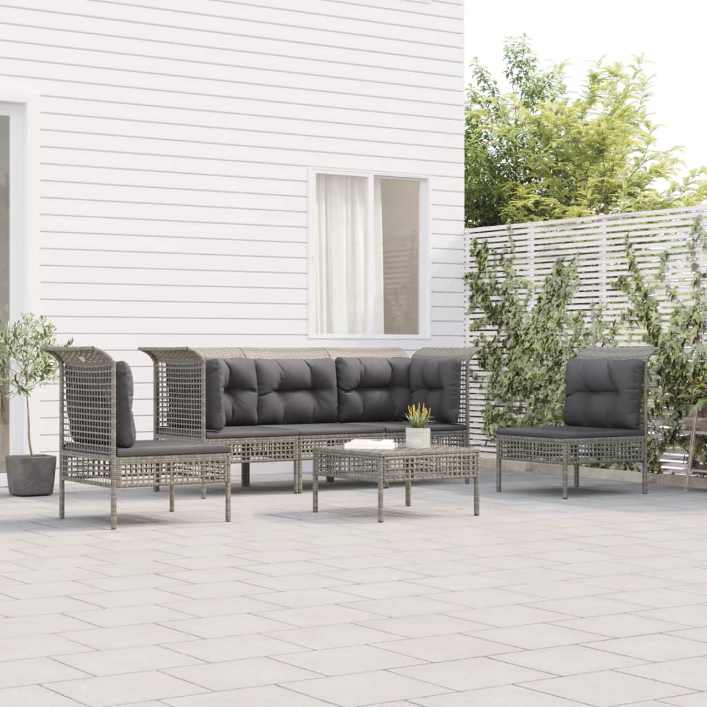 5-delige Loungeset met kussens poly rattan grijs