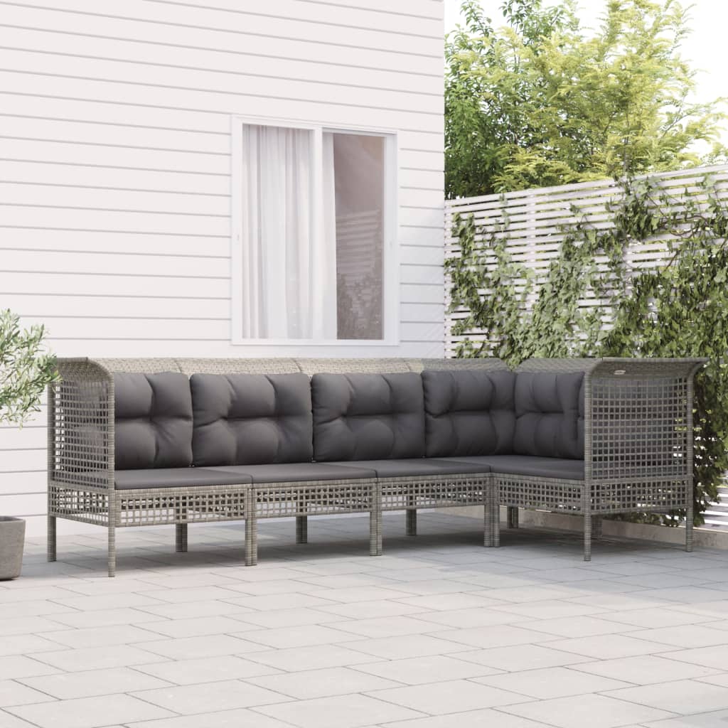 5-delige Loungeset met kussens poly rattan grijs