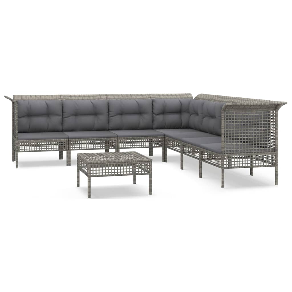 8-delige Loungeset met kussens poly rattan grijs