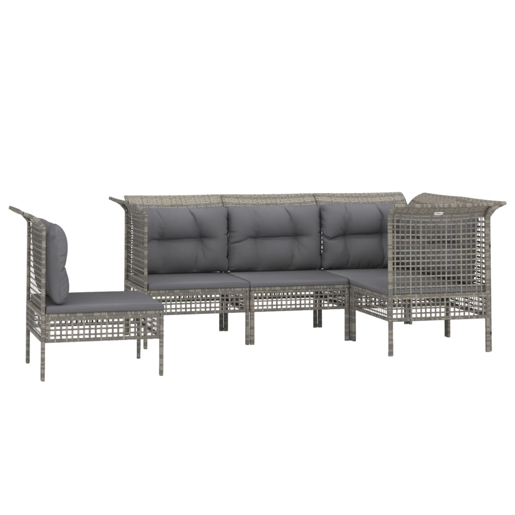 5-delige Loungeset met kussens poly rattan grijs