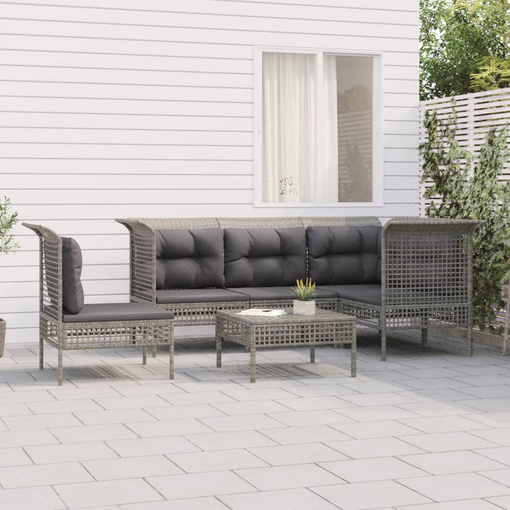 5-delige Loungeset met kussens poly rattan grijs