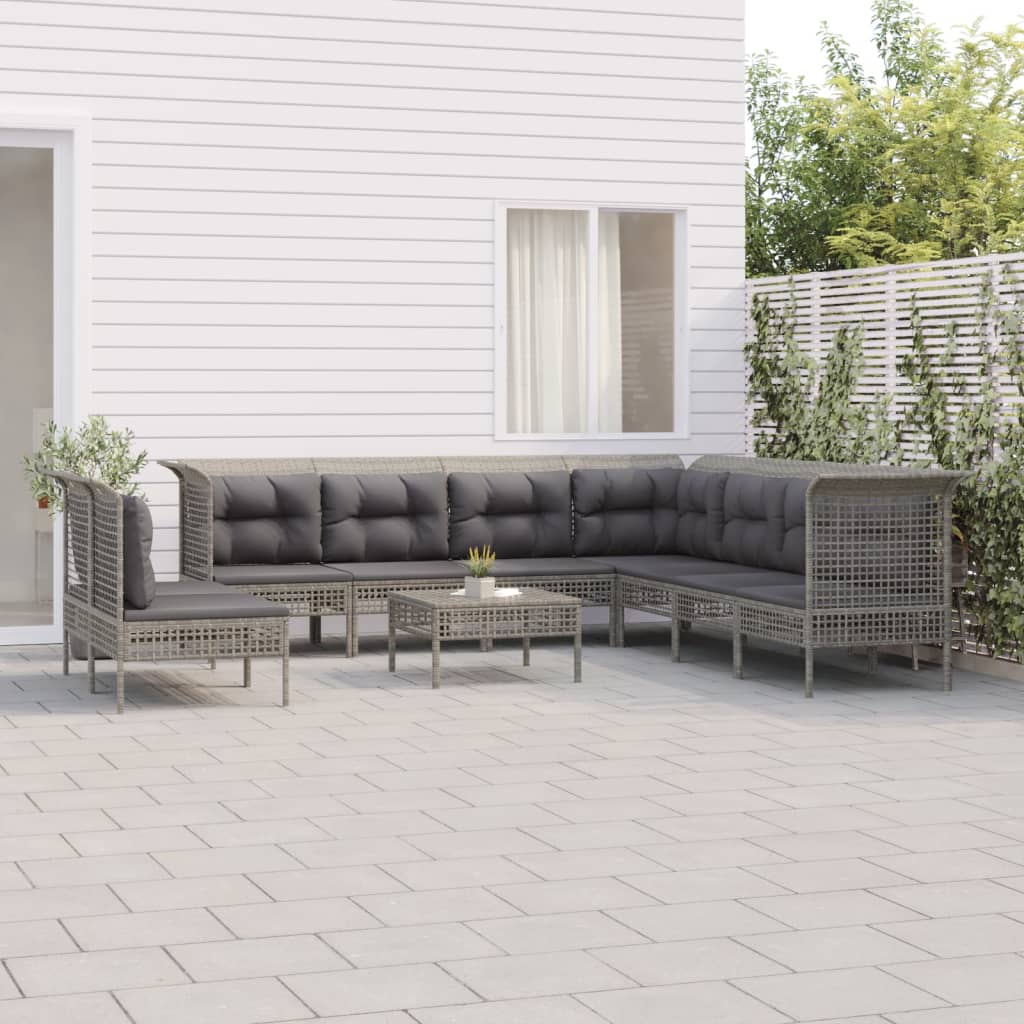 10-delige Loungeset met kussens poly rattan grijs