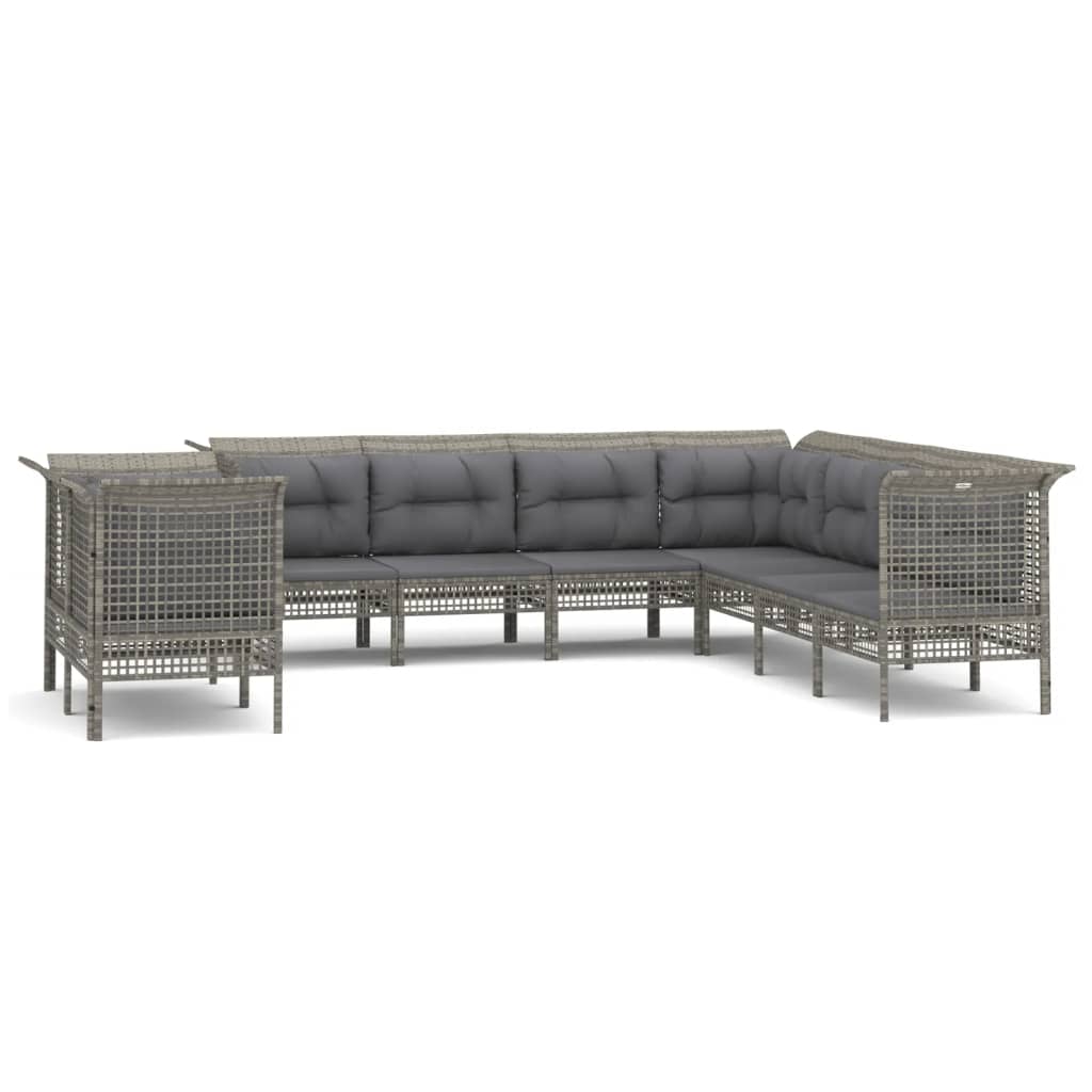 10-delige Loungeset met kussens poly rattan grijs