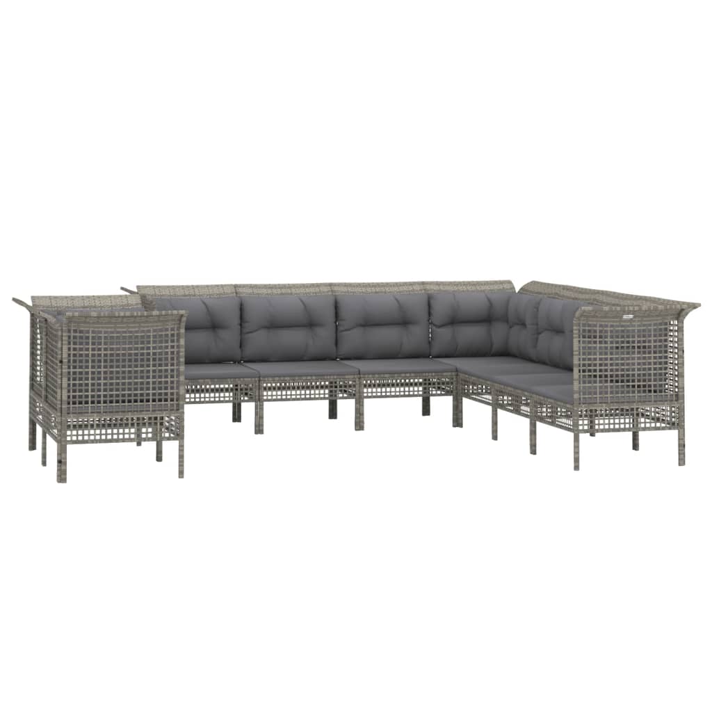 10-delige Loungeset met kussens poly rattan grijs