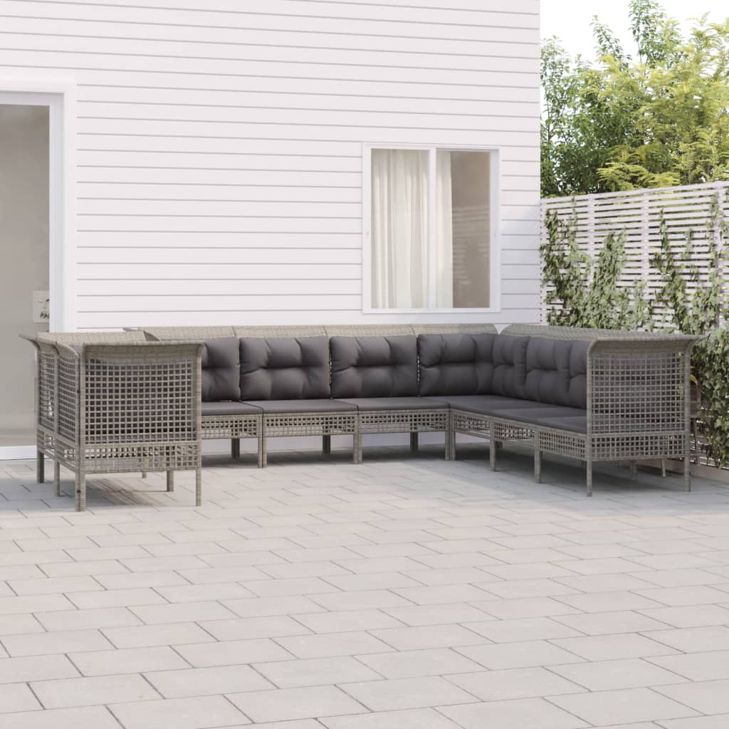 10-delige Loungeset met kussens poly rattan grijs