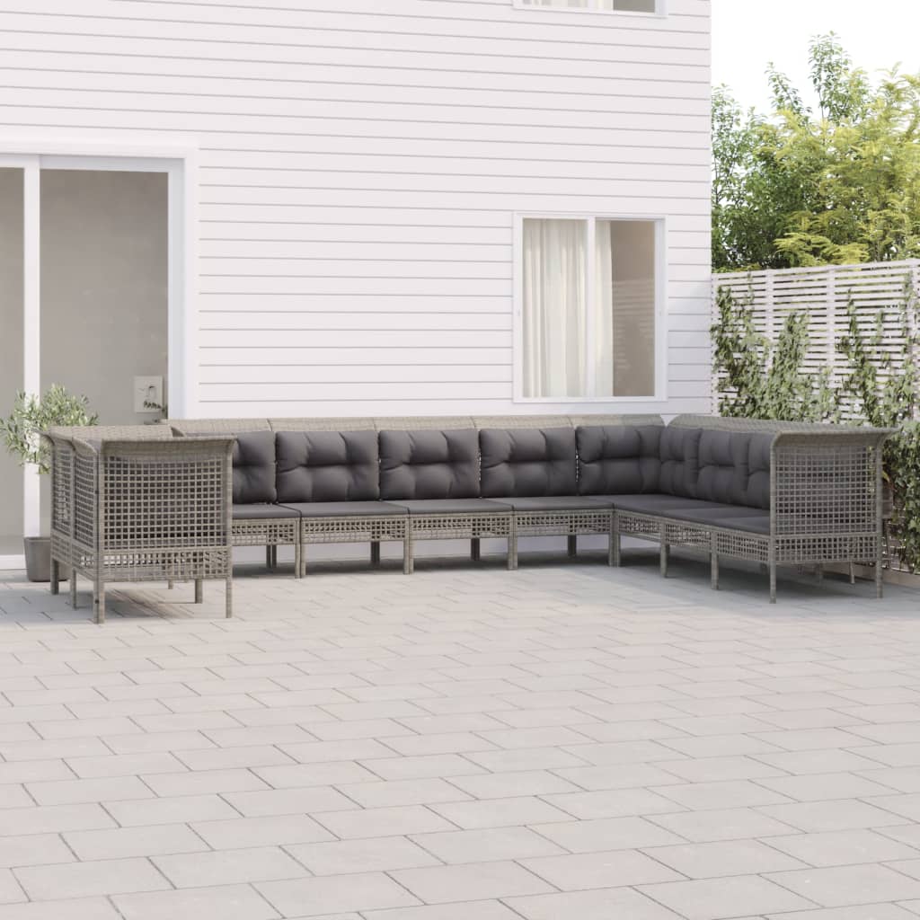 10-delige Loungeset met kussens poly rattan grijs