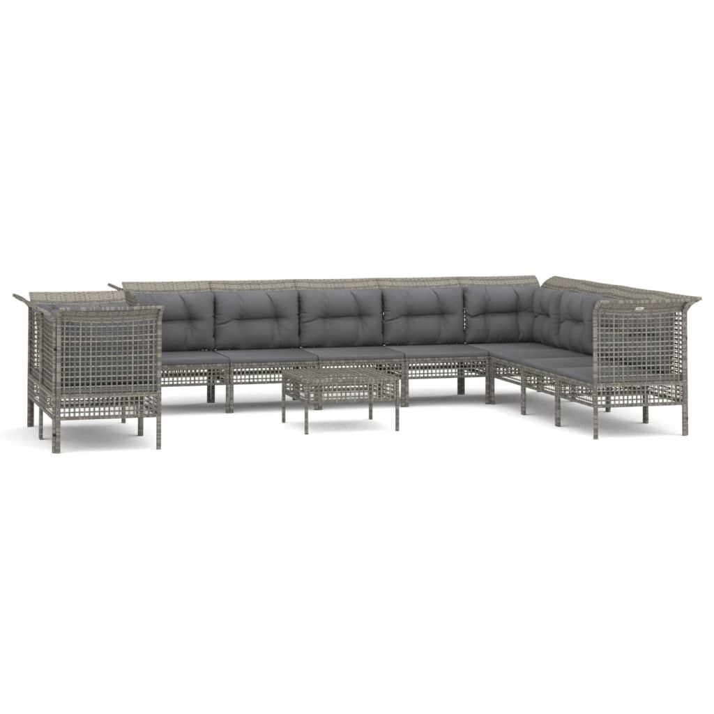 10-delige Loungeset met kussens poly rattan grijs