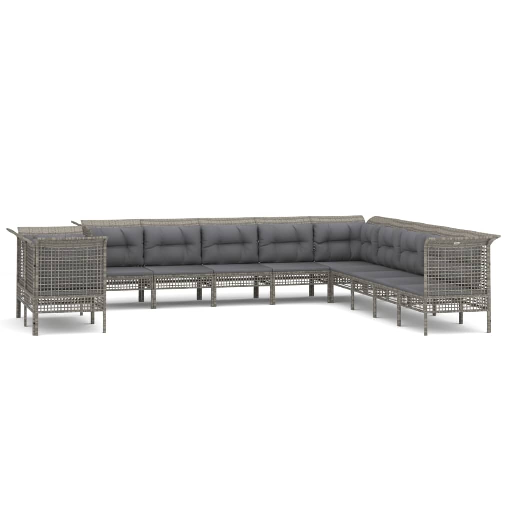 10-delige Loungeset met kussens poly rattan grijs