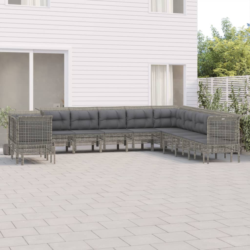 10-delige Loungeset met kussens poly rattan grijs