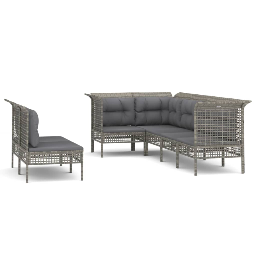 7-delige Loungeset met kussens poly rattan grijs