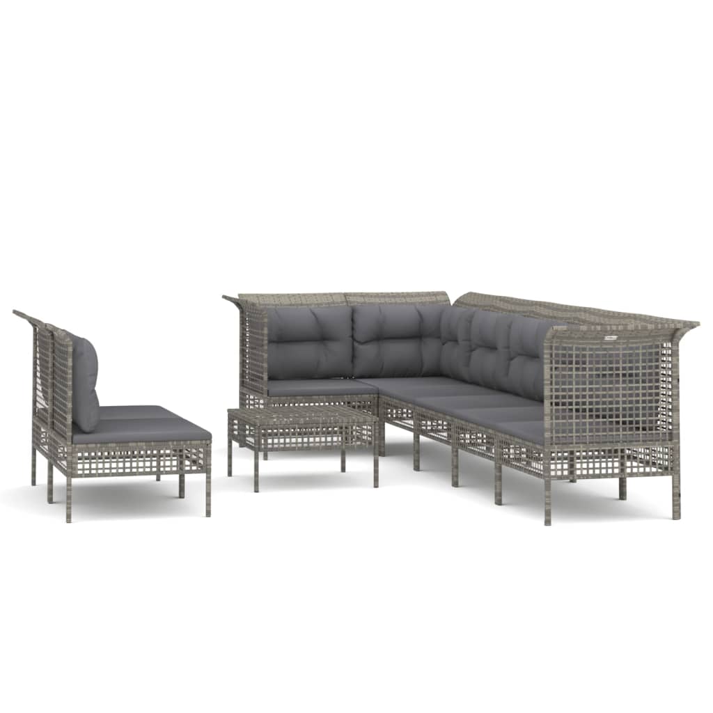 7-delige Loungeset met kussens poly rattan grijs