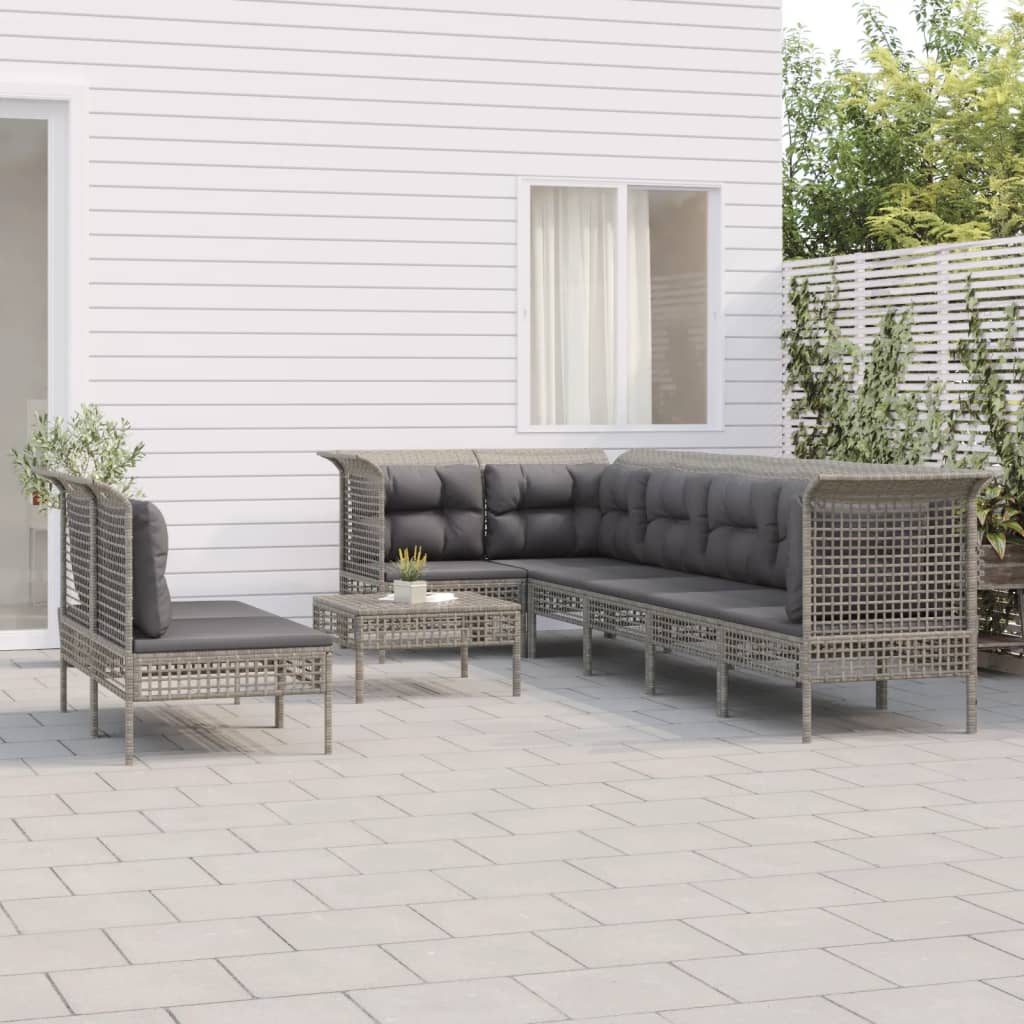 7-delige Loungeset met kussens poly rattan grijs