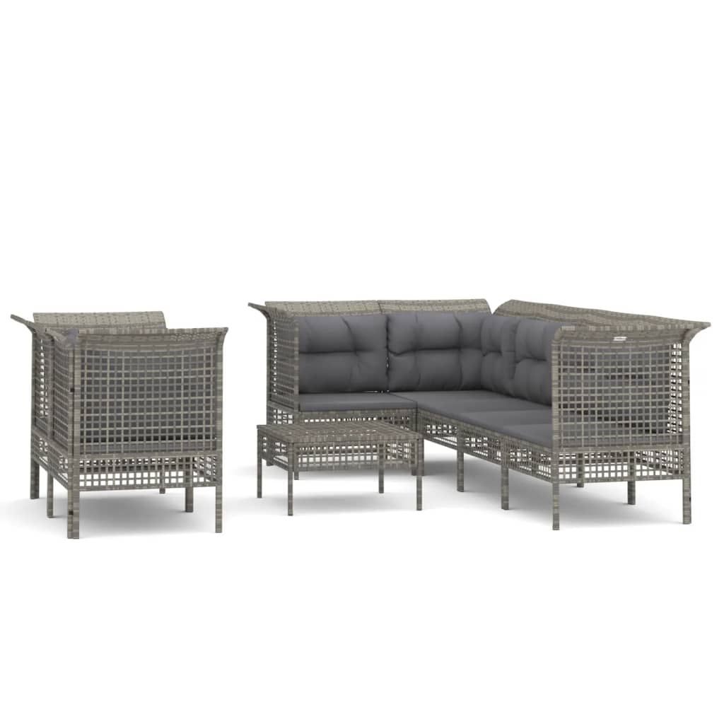 7-delige Loungeset met kussens poly rattan grijs