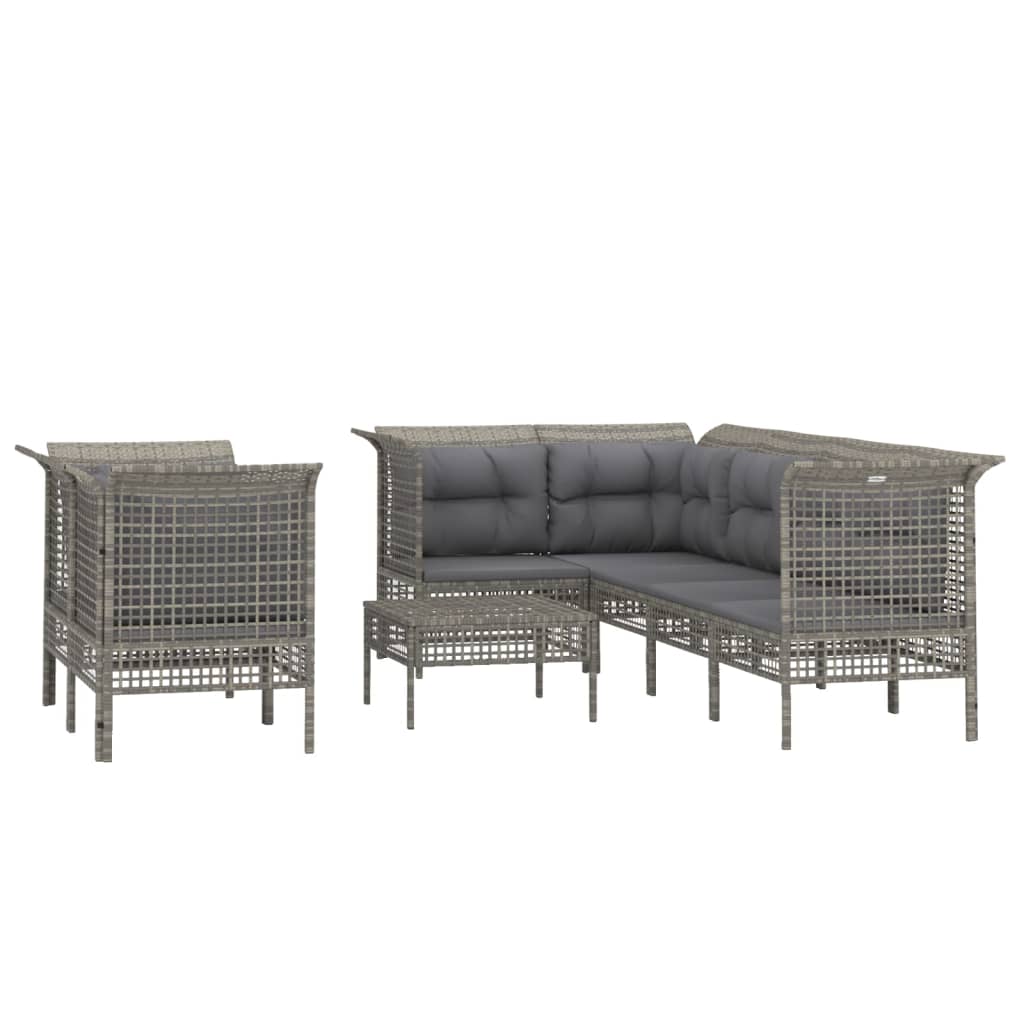 7-delige Loungeset met kussens poly rattan grijs