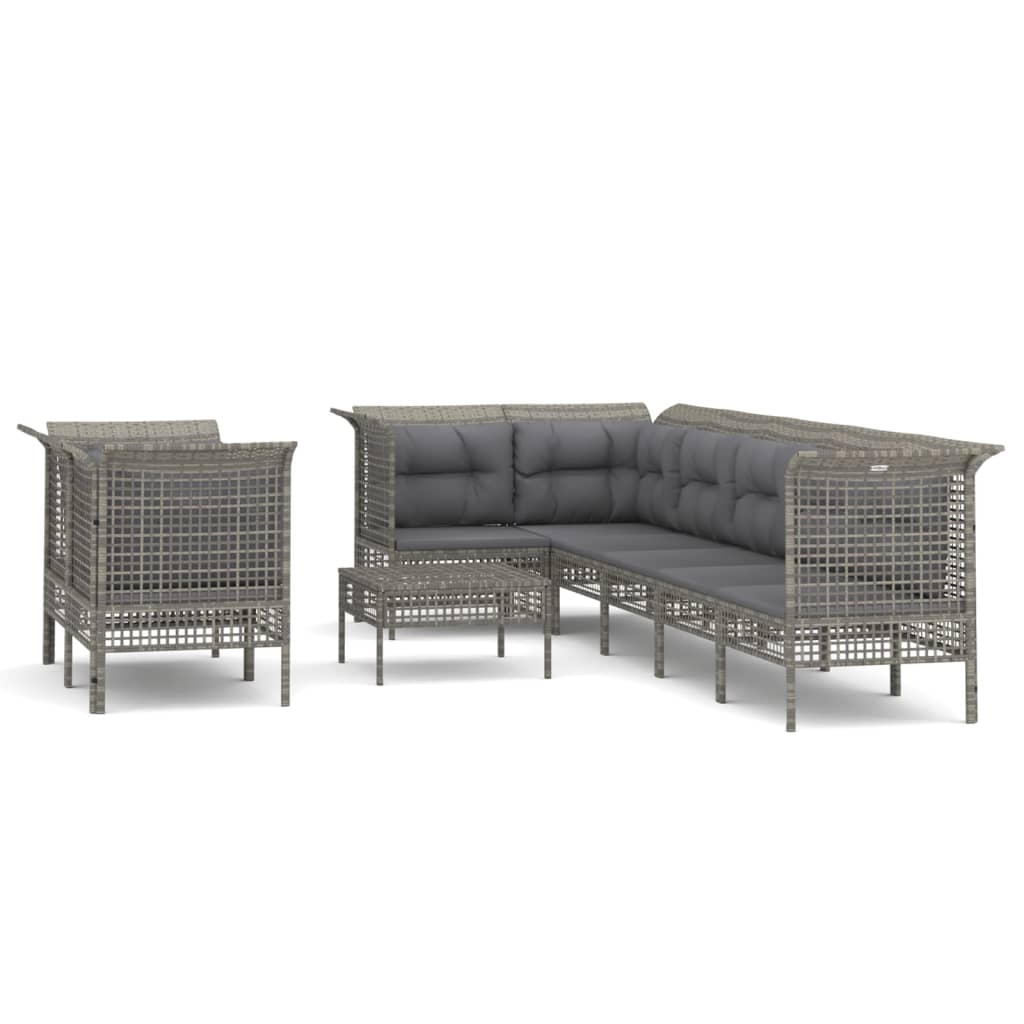 7-delige Loungeset met kussens poly rattan grijs