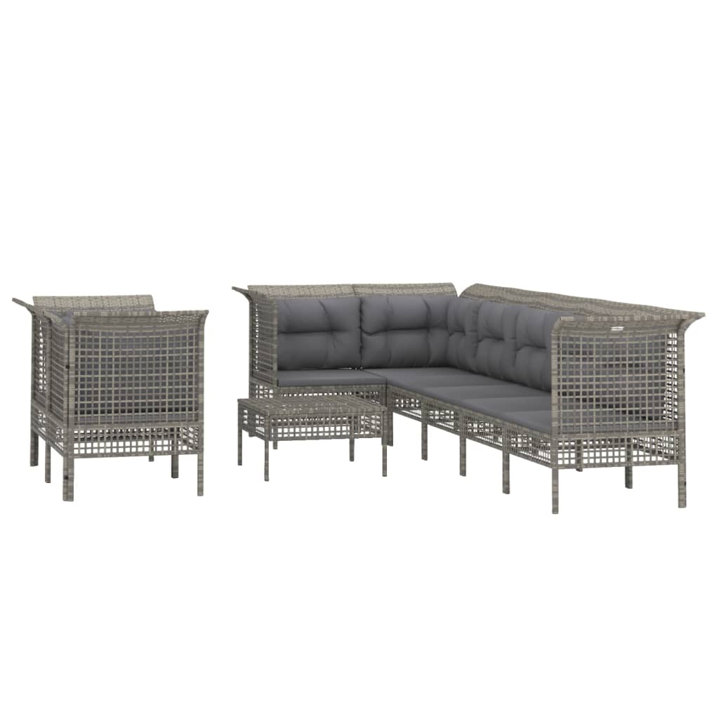 7-delige Loungeset met kussens poly rattan grijs