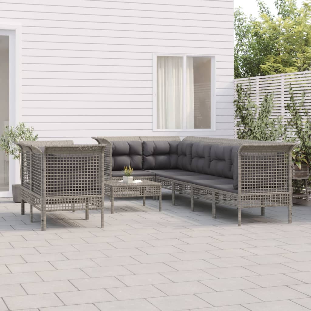 7-delige Loungeset met kussens poly rattan grijs