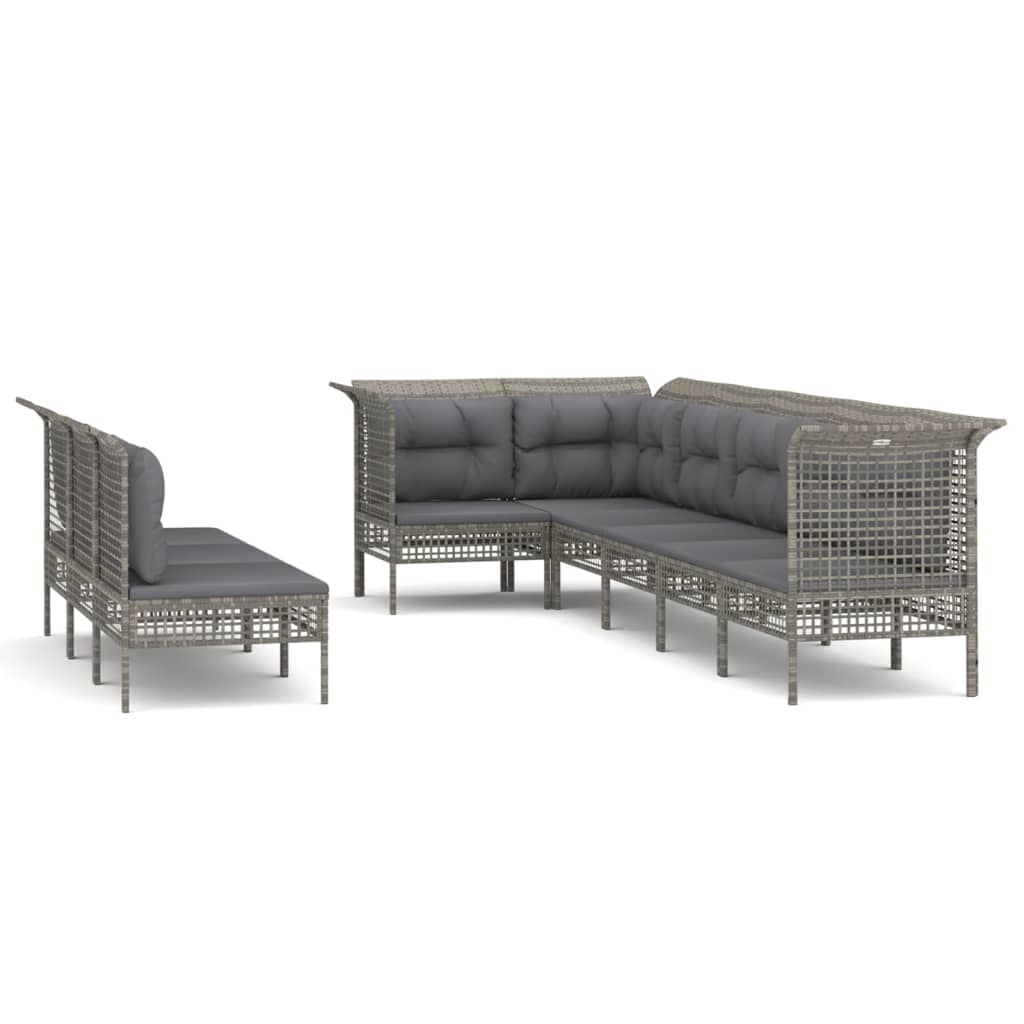 9-delige Loungeset met kussens poly rattan grijs