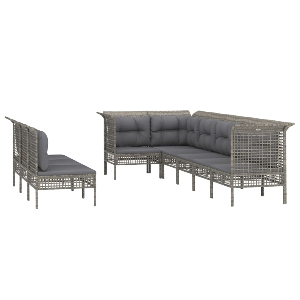 9-delige Loungeset met kussens poly rattan grijs