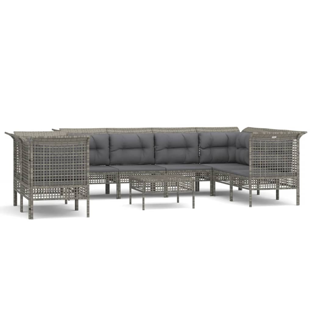 9-delige Loungeset met kussens poly rattan grijs