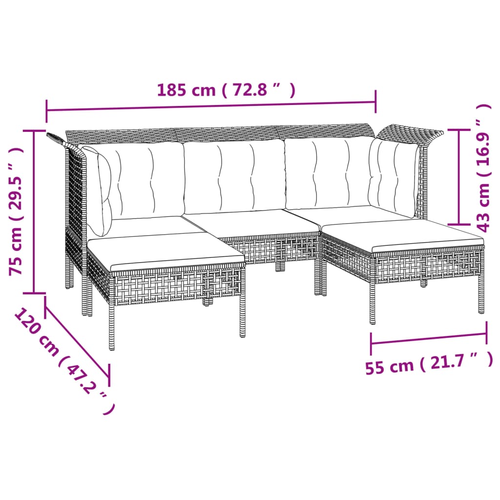 7-delige Loungeset met kussens poly rattan grijs