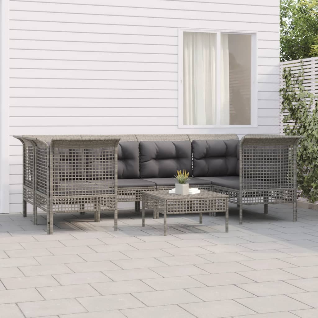 7-delige Loungeset met kussens poly rattan grijs