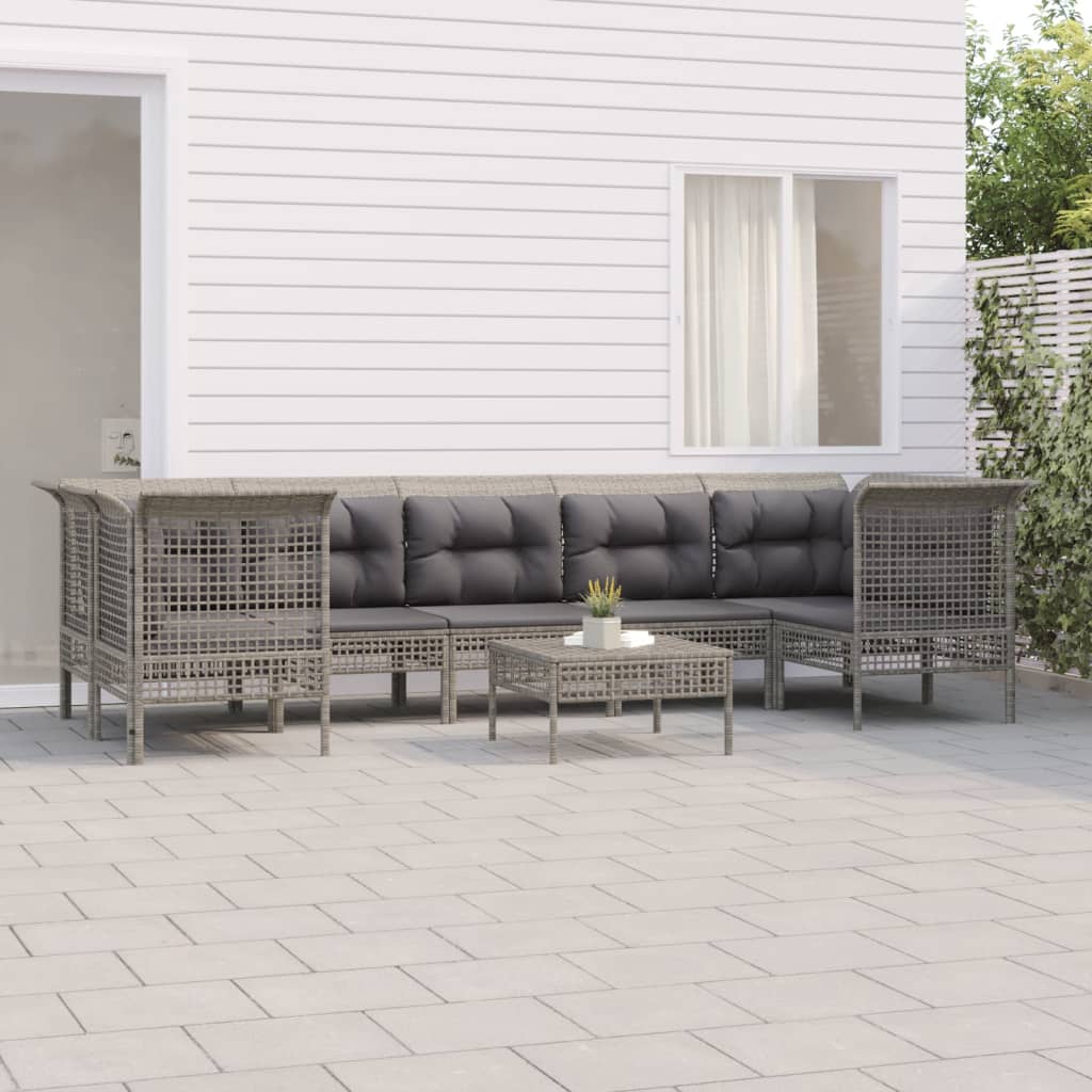 7-delige Loungeset met kussens poly rattan grijs