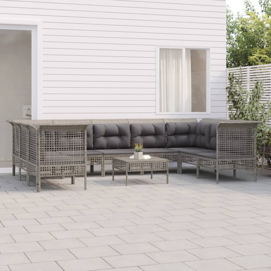 7-delige Loungeset met kussens poly rattan grijs