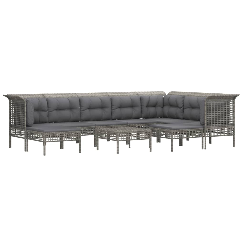 10-delige Loungeset met kussens poly rattan grijs