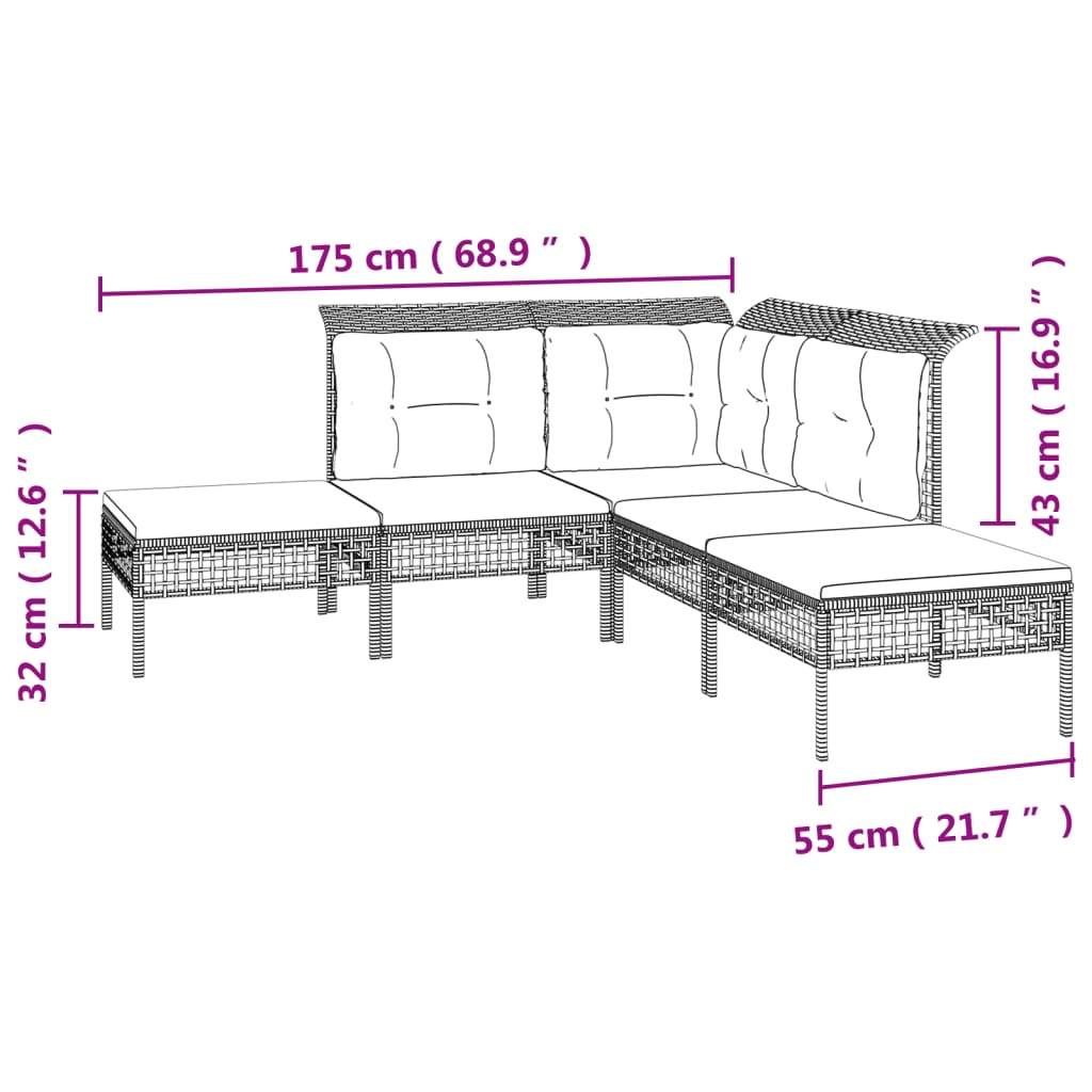 10-delige Loungeset met kussens poly rattan grijs