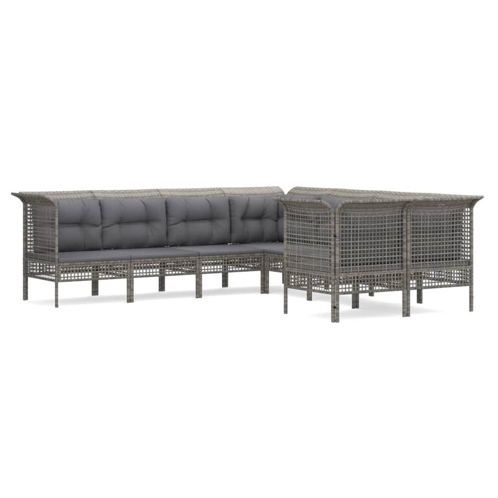 10-delige Loungeset met kussens poly rattan grijs