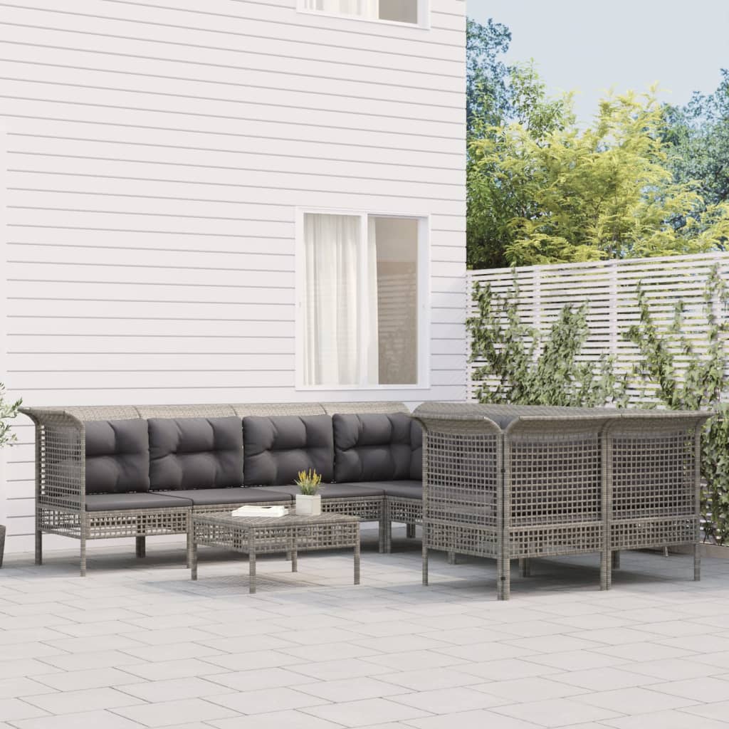 10-delige Loungeset met kussens poly rattan grijs