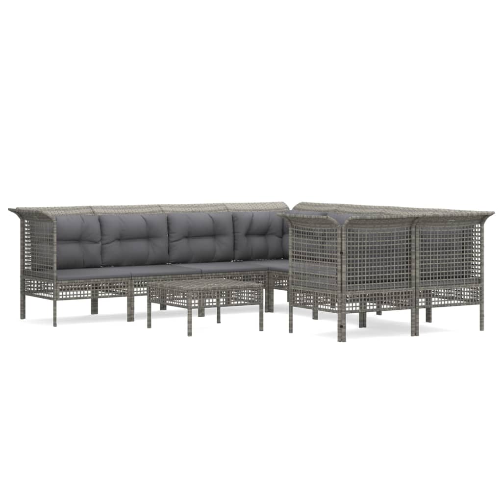 10-delige Loungeset met kussens poly rattan grijs