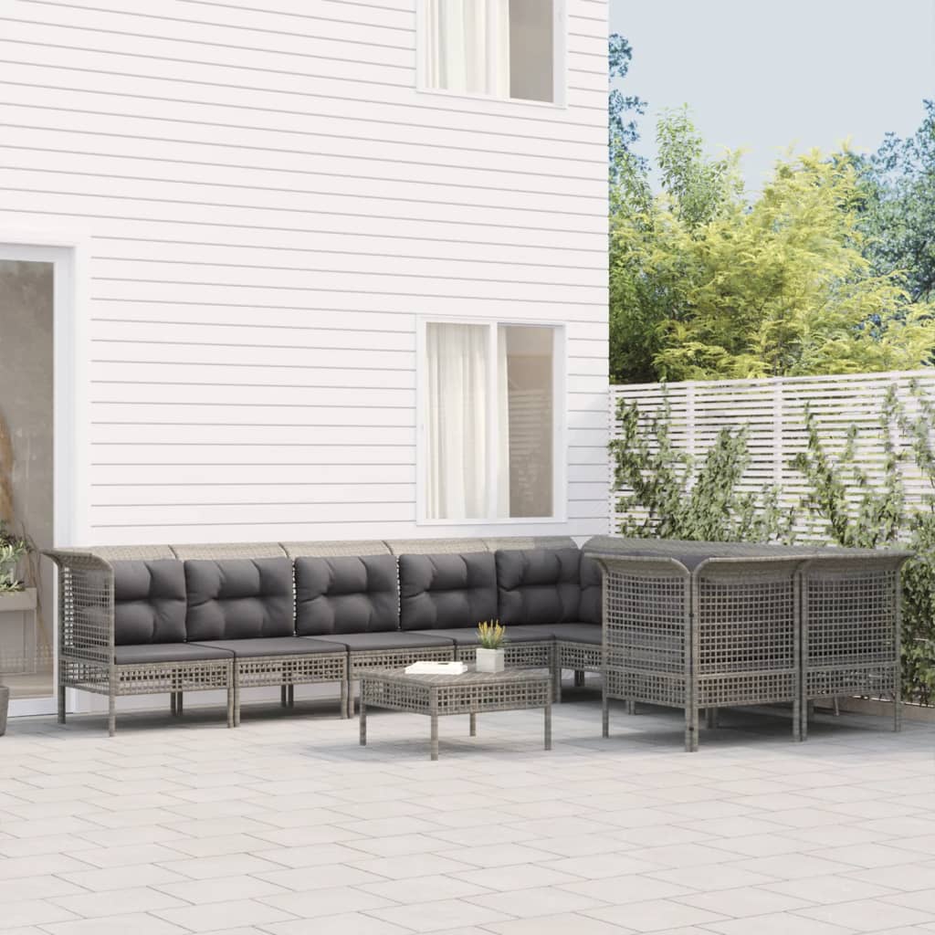 10-delige Loungeset met kussens poly rattan grijs