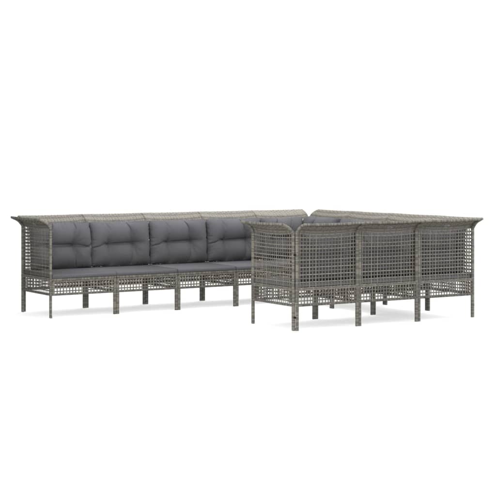 10-delige Loungeset met kussens poly rattan grijs