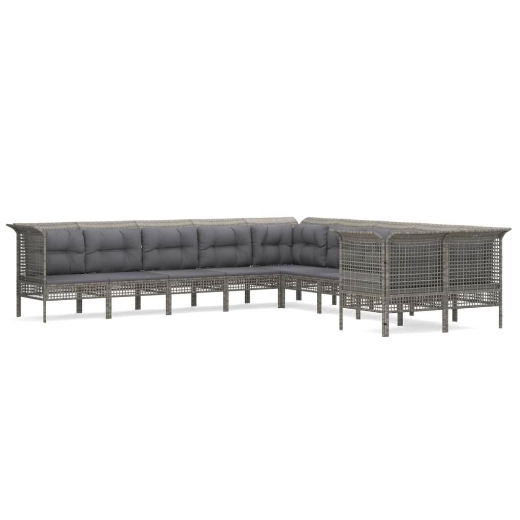 10-delige Loungeset met kussens poly rattan grijs