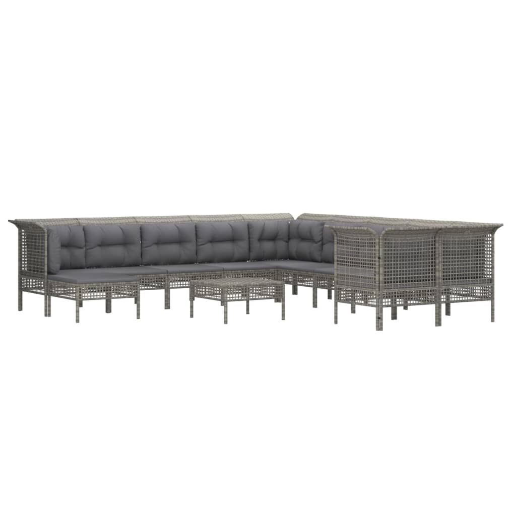 10-delige Loungeset met kussens poly rattan grijs