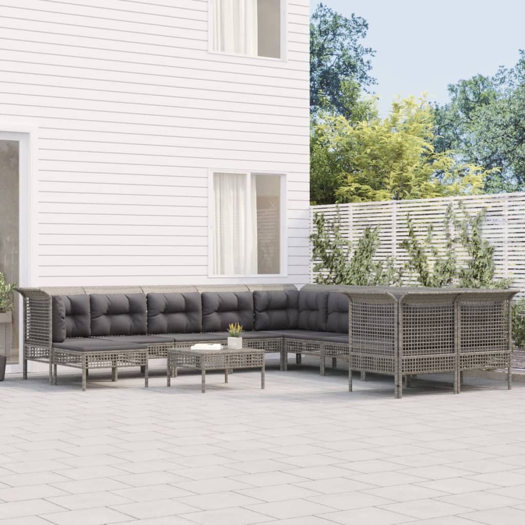 10-delige Loungeset met kussens poly rattan grijs