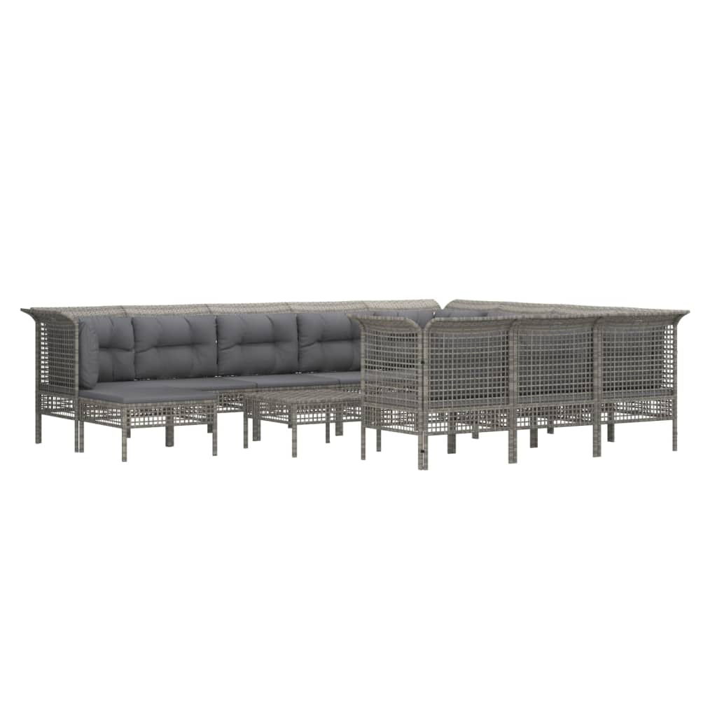 10-delige Loungeset met kussens poly rattan grijs