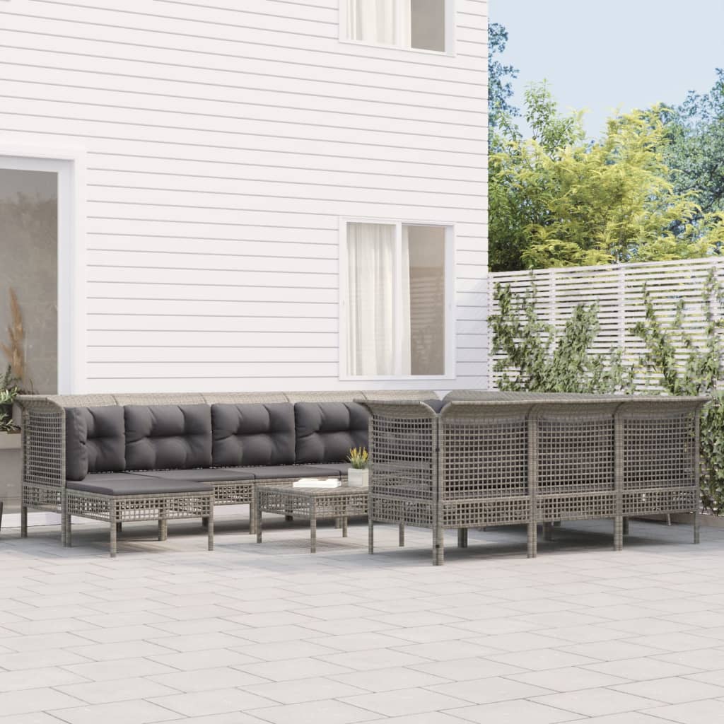 10-delige Loungeset met kussens poly rattan grijs