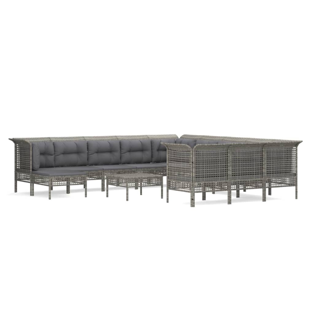 10-delige Loungeset met kussens poly rattan grijs