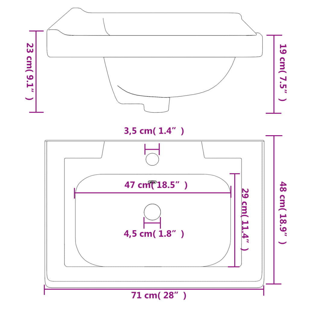 Wastafel rechthoekig 61x48x23 cm keramiek wit