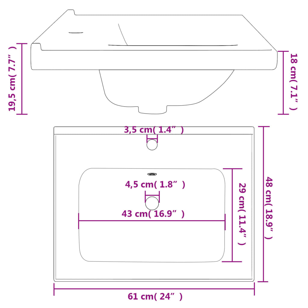 Wastafel rechthoekig 71x48x19,5 cm keramiek wit