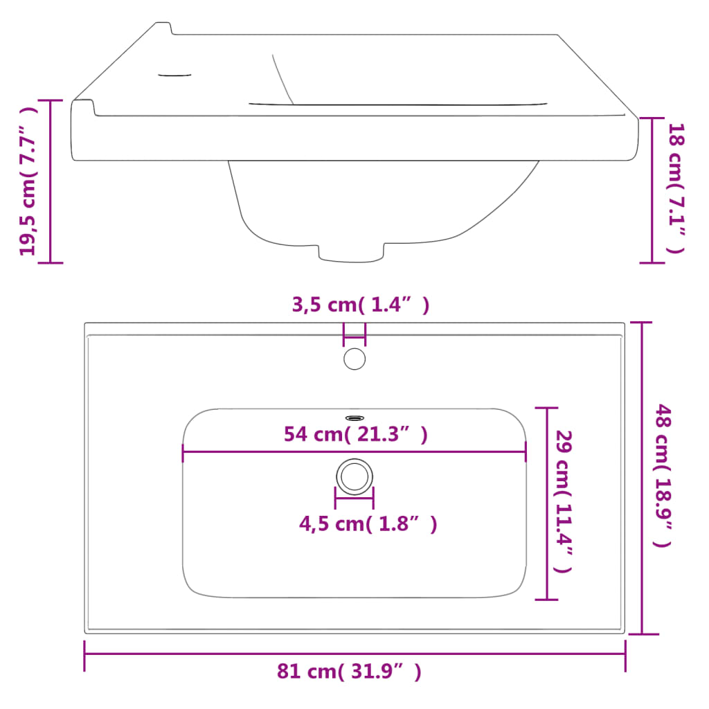 Wastafel rechthoekig 71x48x19,5 cm keramiek wit